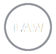 Circular badge with the word LAW in bold white letters on a dark background, outlined by a light gray ring.